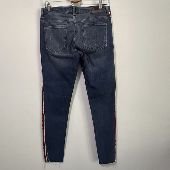 Zara Basic Distressed Jeans 8 Raw Cuff Cropped Red Tuxedo Stripe Stretch Skinny - Picture 9 of 10